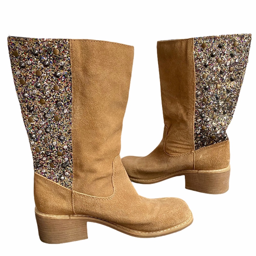 Mojo Moxy Glitter Studded mid calf chunky heel suede boots
